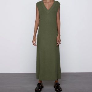 Zara Belted Olive Green Knit Midi Dress Small